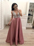 V Neck Sleeveless Blush Pink Satin Prom Dresses with Beadings LBQ0836